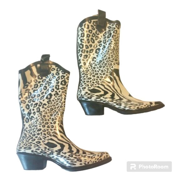 Nature breeze zebra cheetah print cowboy rain boots - Picture 1 of 9